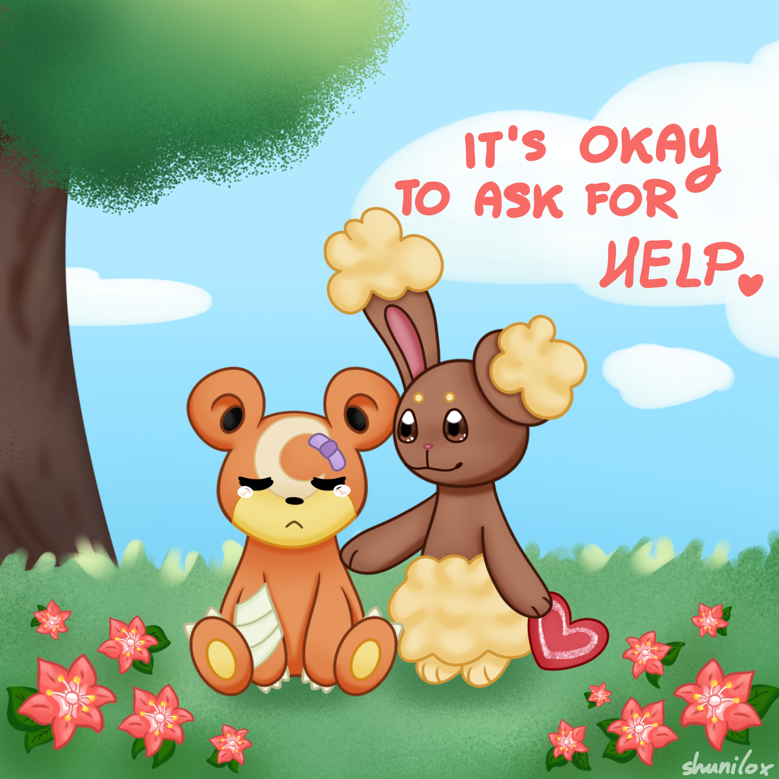 Two animals in a clearing with flowers - text in the background reads: it's okay to ask for help